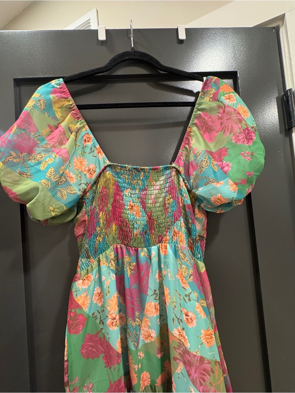 Floral Puff Sleeve Tiered Maxi Dress - Green & Pink - Picture 3 of 4